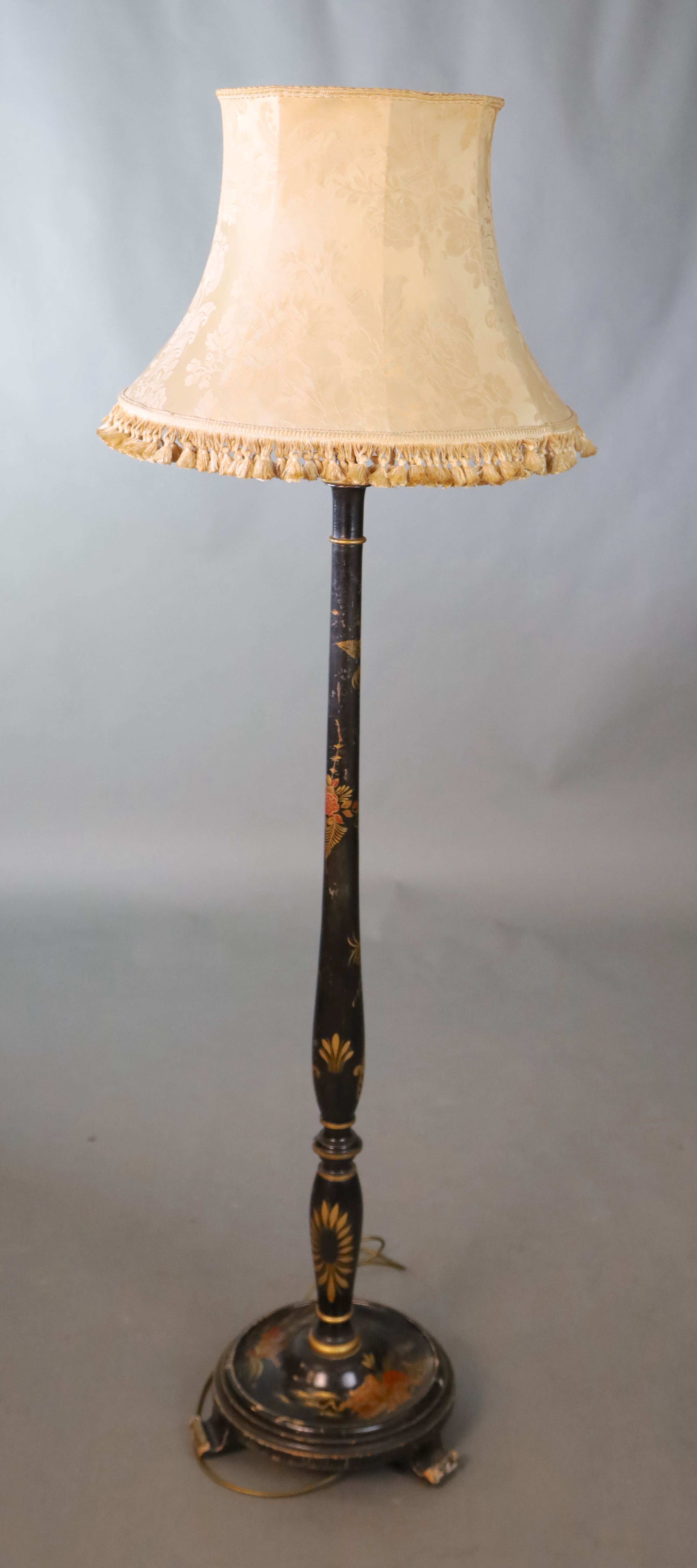 A 1930s chinoiserie black lacquered lamp standard, H.140cm